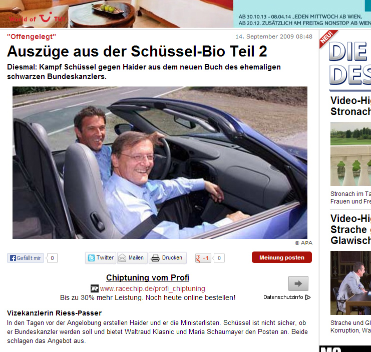 Das berühmte Bild „Haider-Schüssel-im-Porsche“ in oe24.at „Auszüge aus der Schüssel-Bio Teil 2“